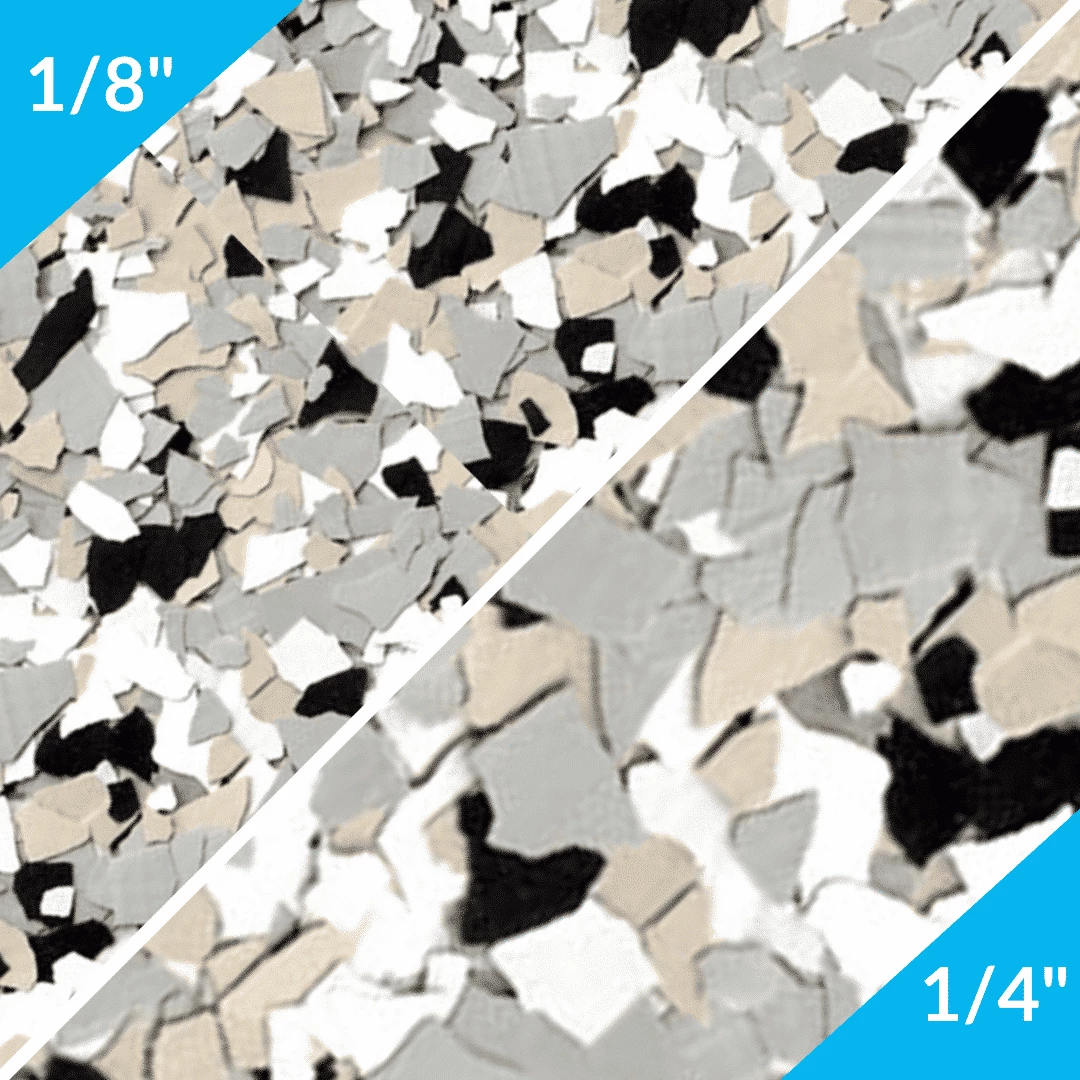 B-127 Cabin Fever Epoxy Flakes | White, Black, Tan & Grey Chips | Concrete Floor Supply