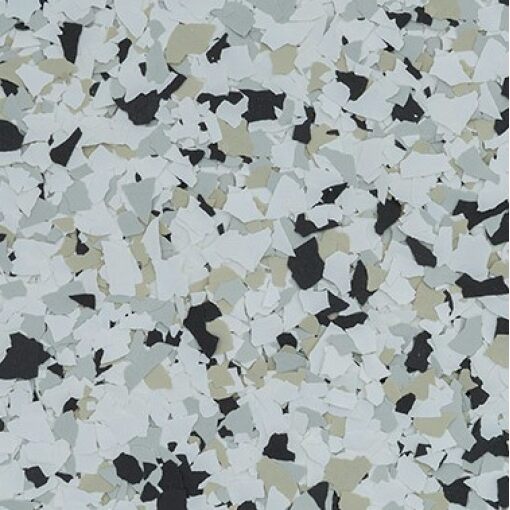 B-424 Quicksilver ¼” Epoxy Flakes | Grey, Tan, Black & White Chips | Concrete Floor Supply